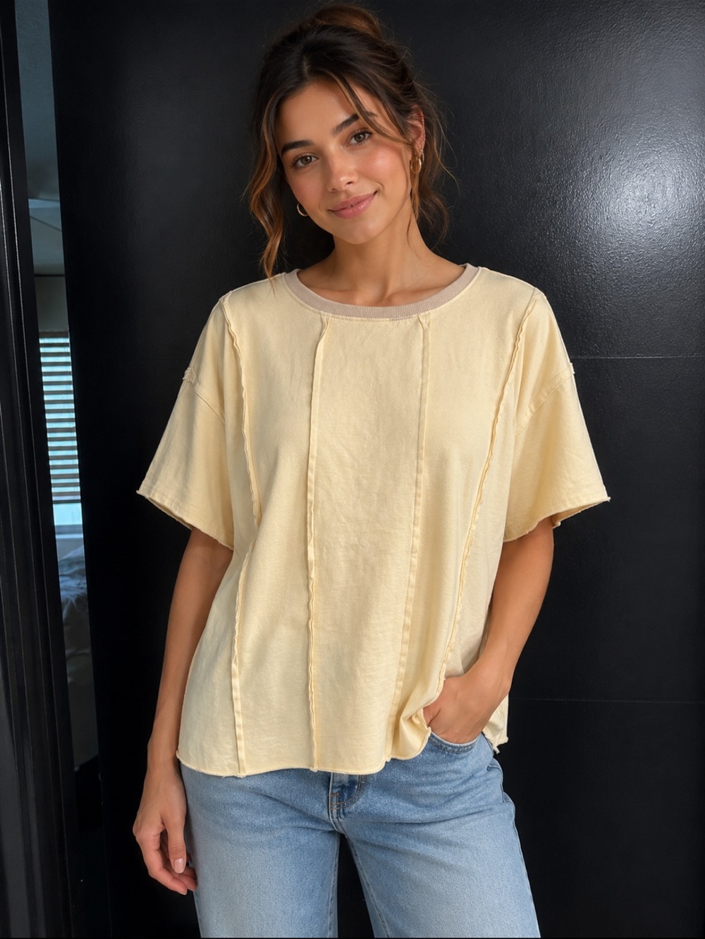 Everyday Cream Short Sleeve Tee with Raw-Seam Panels